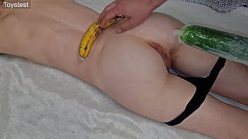 Healthy Food) banana, cucumber are good for her tiny gripping pussy